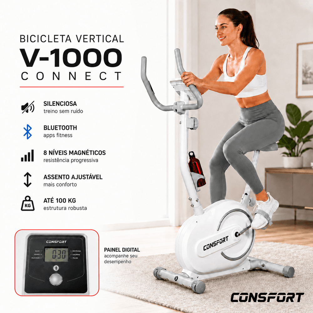 Bicicleta Vertical V-1000 Connect Bluetooth 8 Níveis Resistência Branco | Consport