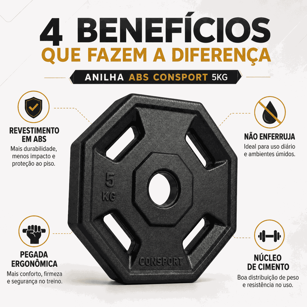 4 Anilhas 5kg Consport Revestida em ABS Peso Academia Treino Musculação