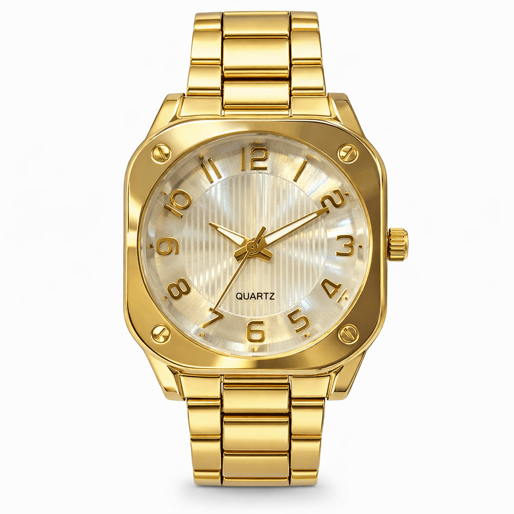 Relógio Quartz Quadrado Redondo Branco Aço Dourado... - RC JOIAS BY RUDI