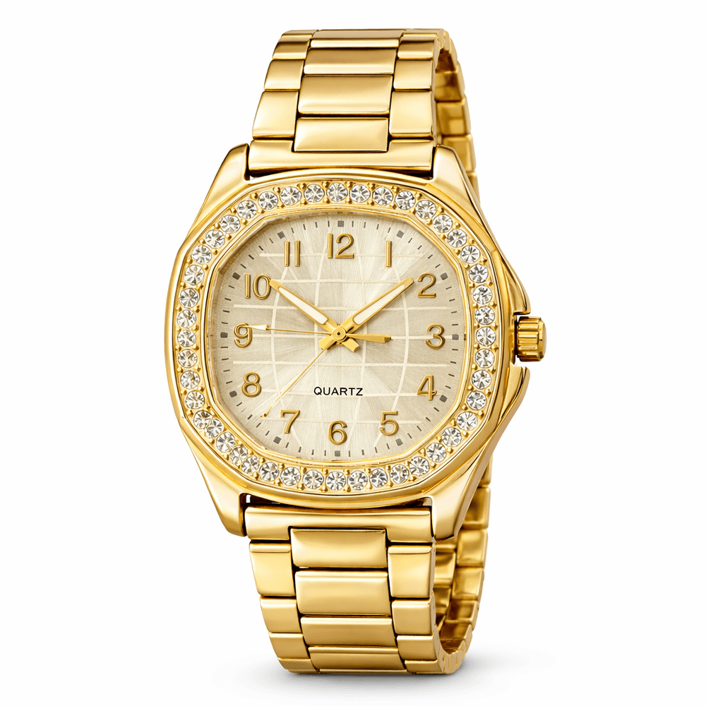 Relógio Quartz Quadrado Cravejado Aço Dourado - 00... - RC JOIAS BY RUDI