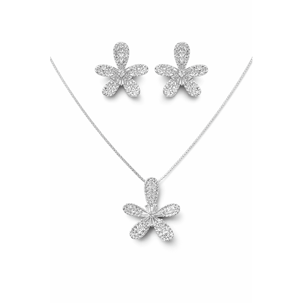 Conjunto Flor Cinco Pétalas Cravejado Banhado a Pr... - RC JOIAS BY RUDI