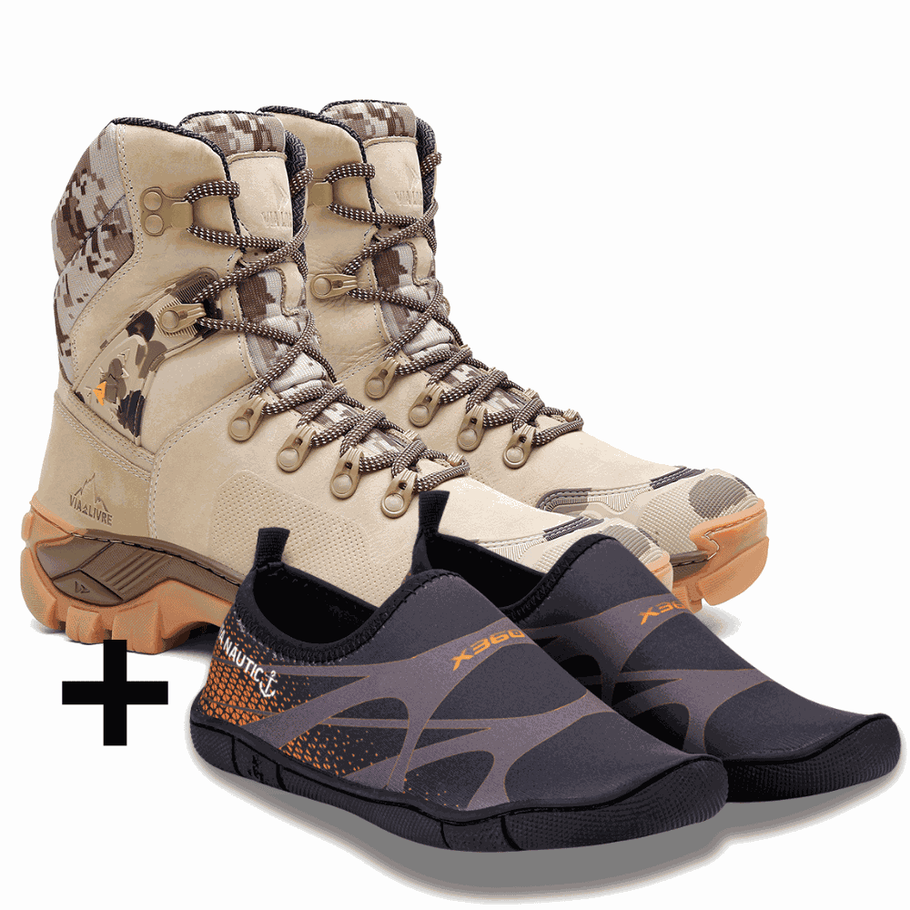 Kit Coturno Las Vegas Camuflado Via Livre em Couro + Saptilha Aquatica Cachoeira - Via Livre Boots