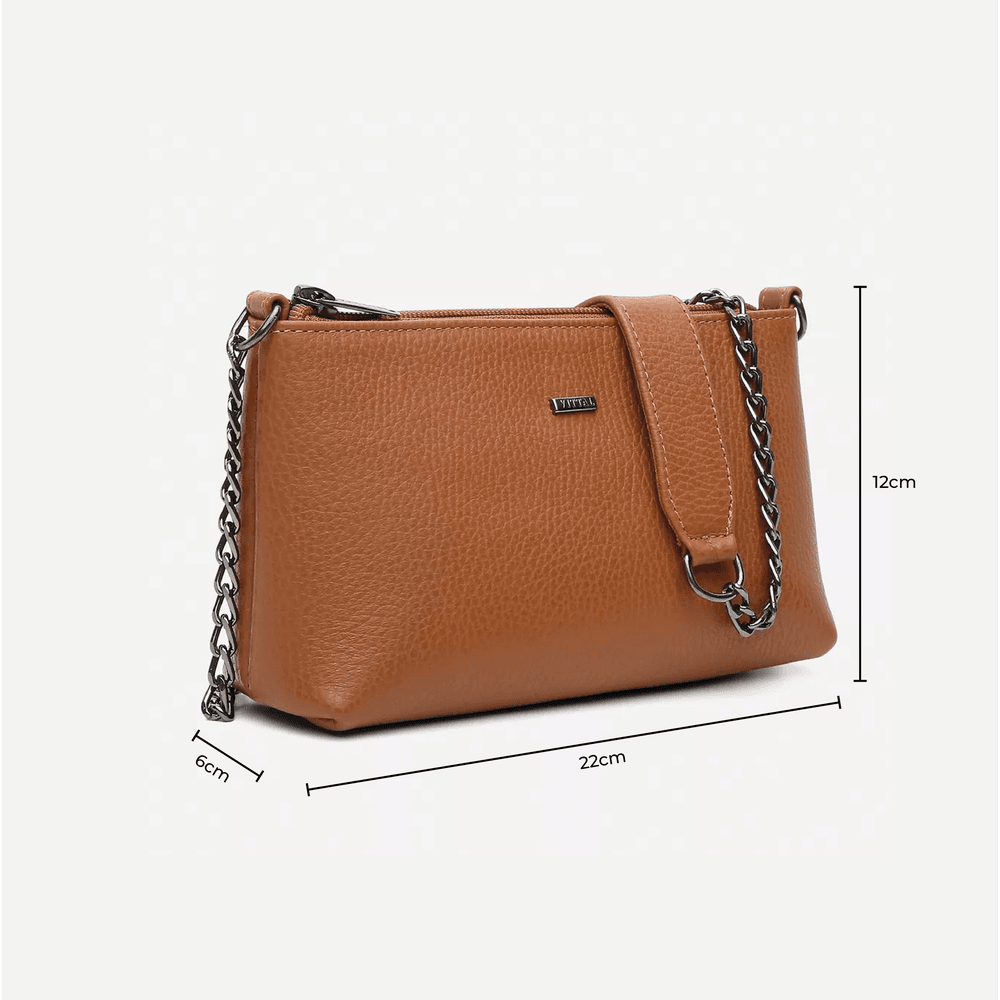 Bolsa Feminina Vittal Clutch Annelise em Couro Legitimo Caramelo Alça Corrente