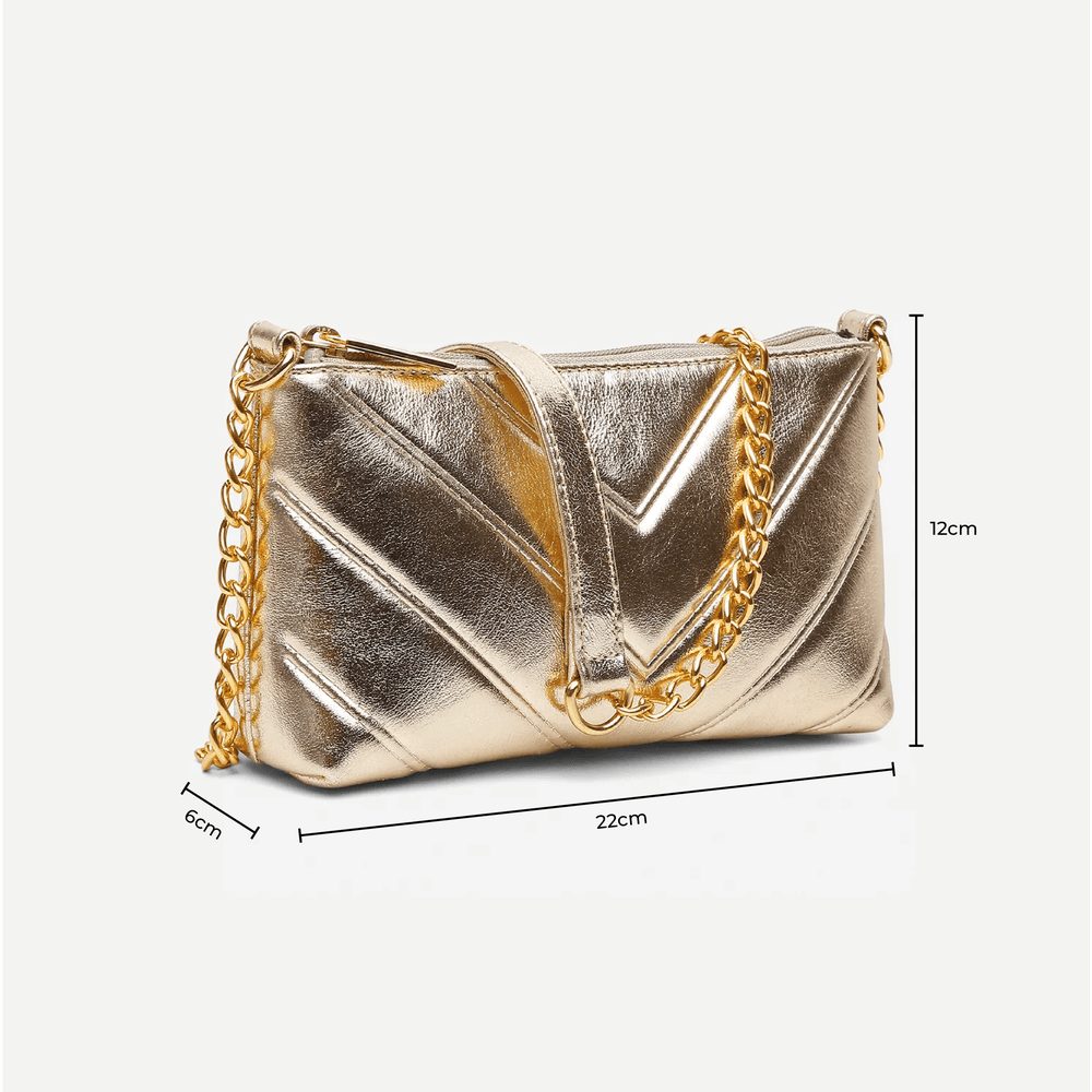 Bolsa Clutch Feminina Isis em Couro Legitimo Dourado Metalizado Alça Corrente
