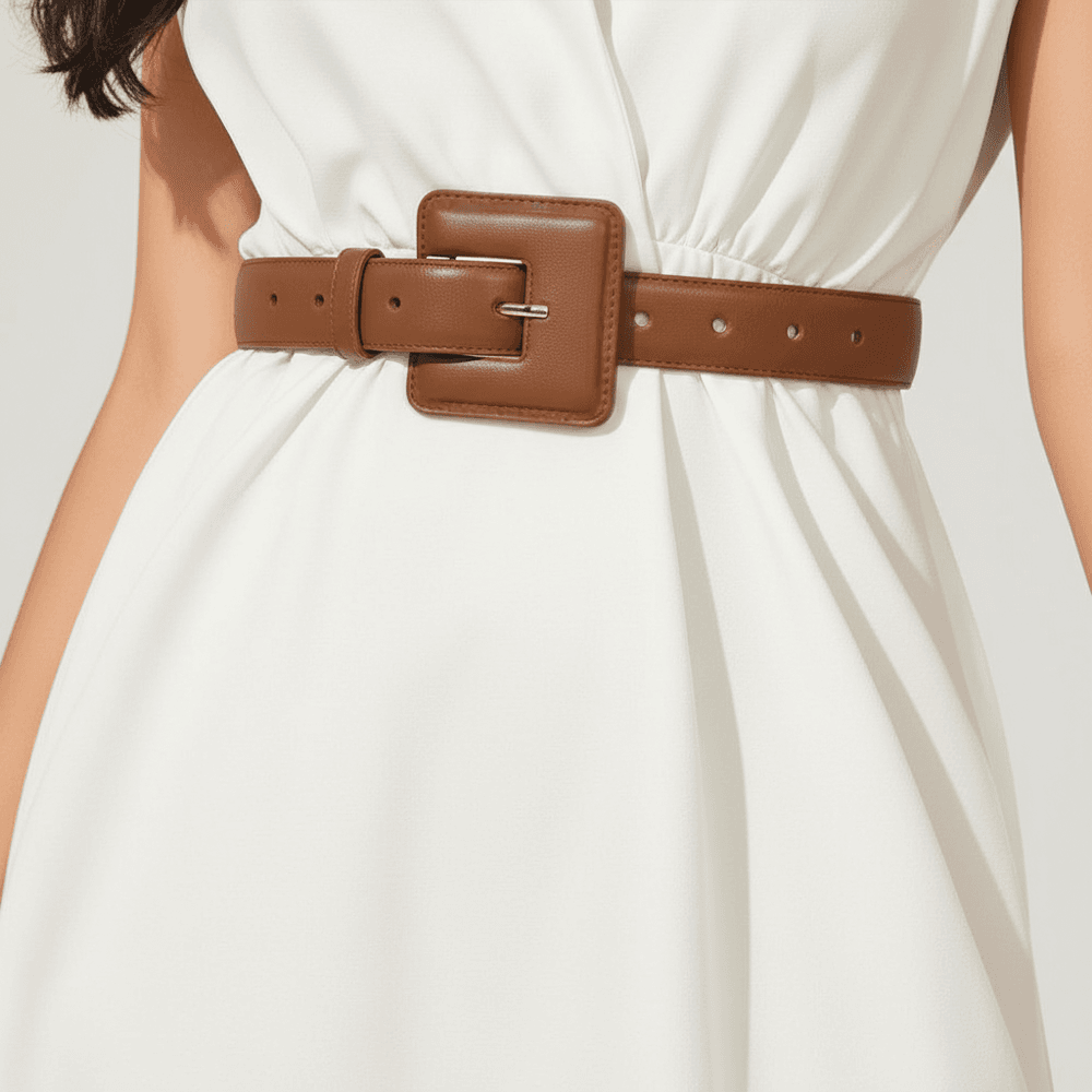 Cinto Feminino Paola Vittal Couro Caramelo Fivela Quadrada