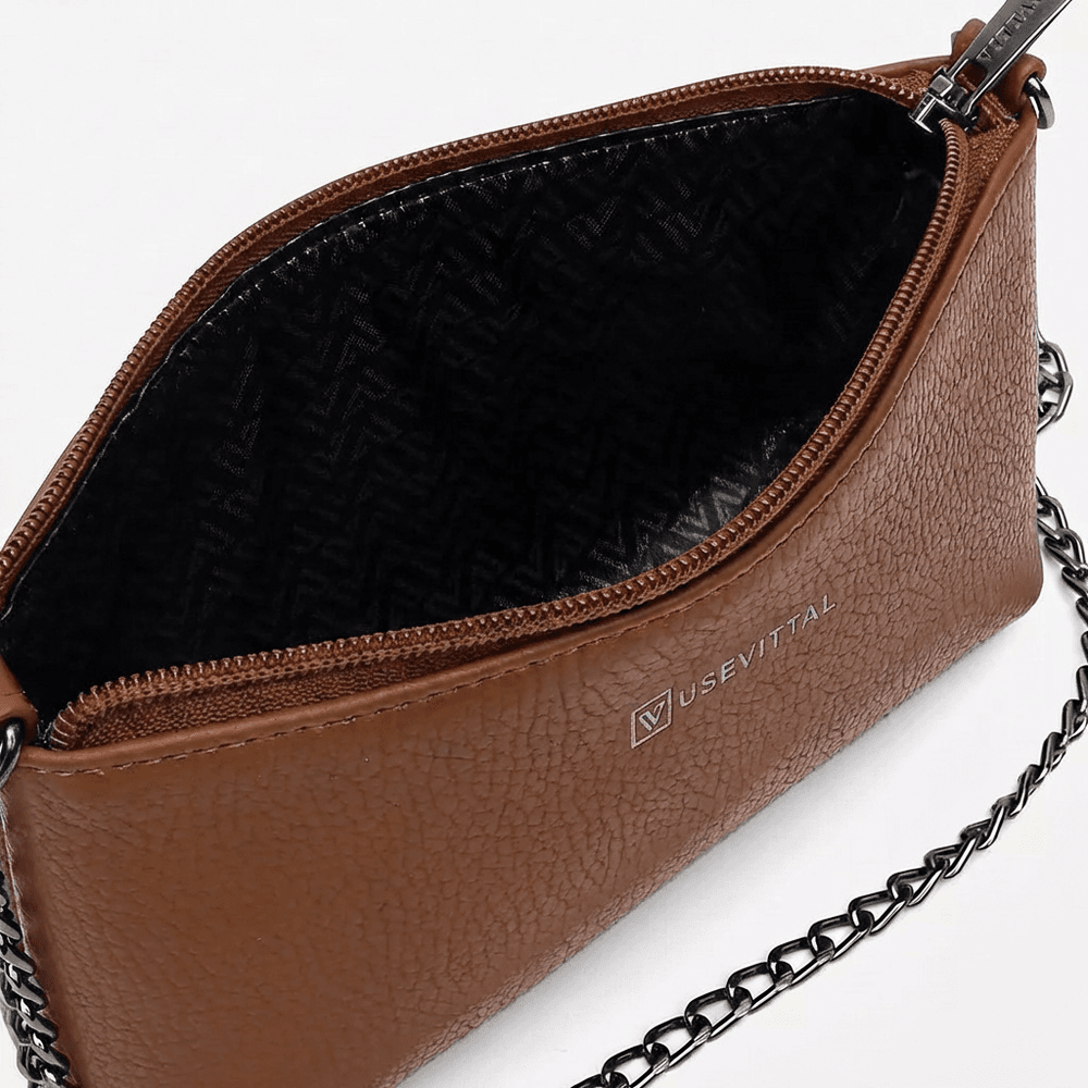Bolsa Feminina Vittal Clutch Annelise em Couro Legitimo Caramelo Alça Corrente