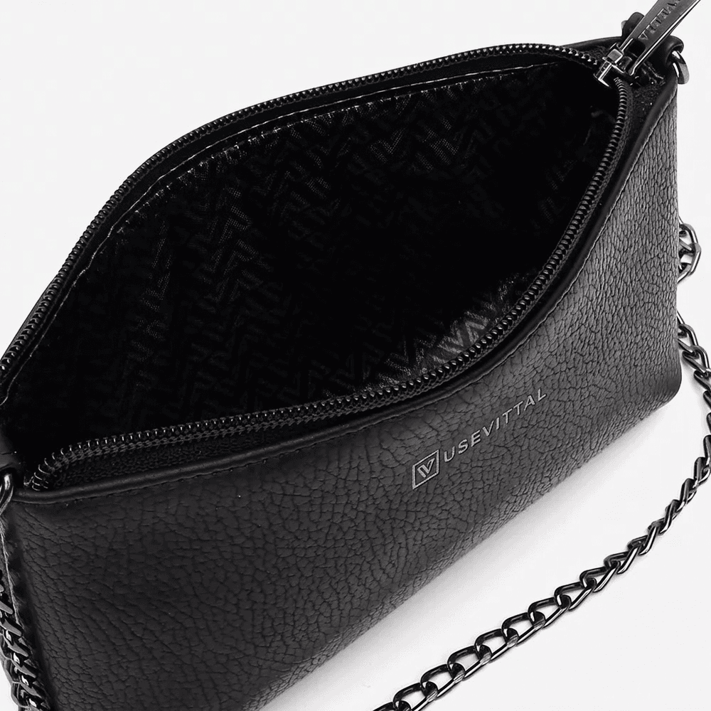 Bolsa Feminina Vittal Clutch Annelise em Couro Legitimo Preto Alça Corrente 