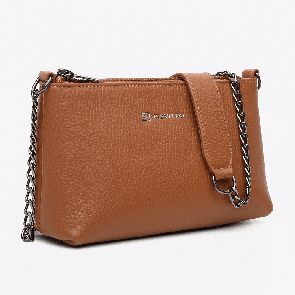 Bolsa Feminina Vittal Clutch Annelise em Couro Legitimo Caramelo Alça Corrente