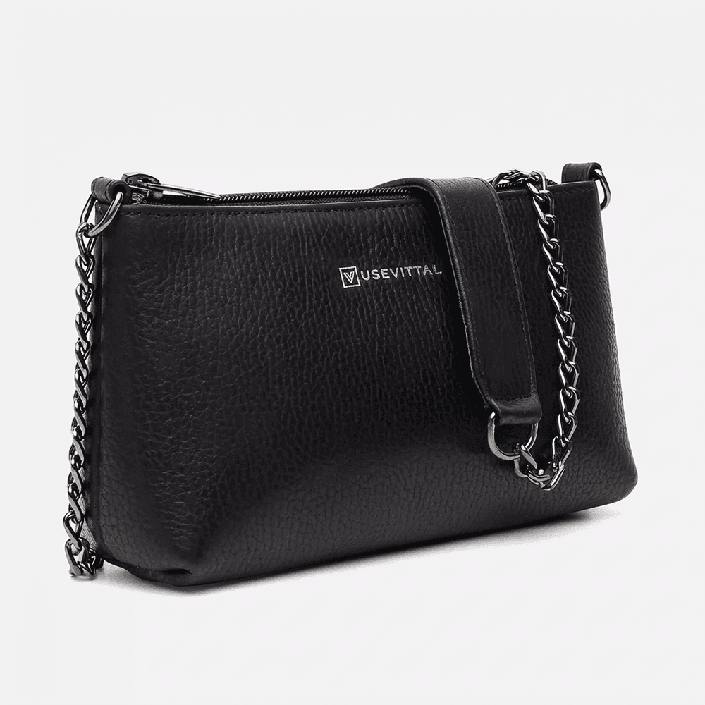 Bolsa Feminina Vittal Clutch Annelise em Couro Legitimo Preto Alça Corrente 