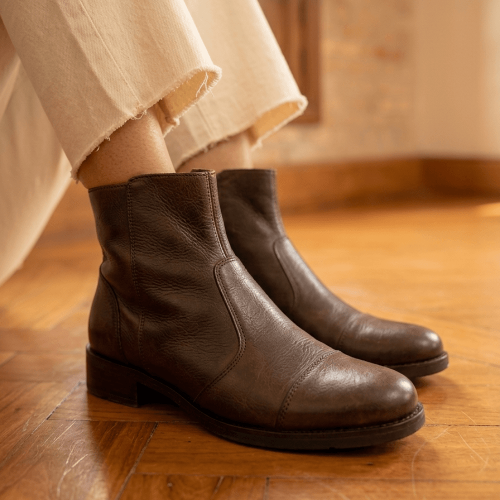 Bota Feminina Vittal Sofia em Couro Legitimo Cano Curto e Zíper Café