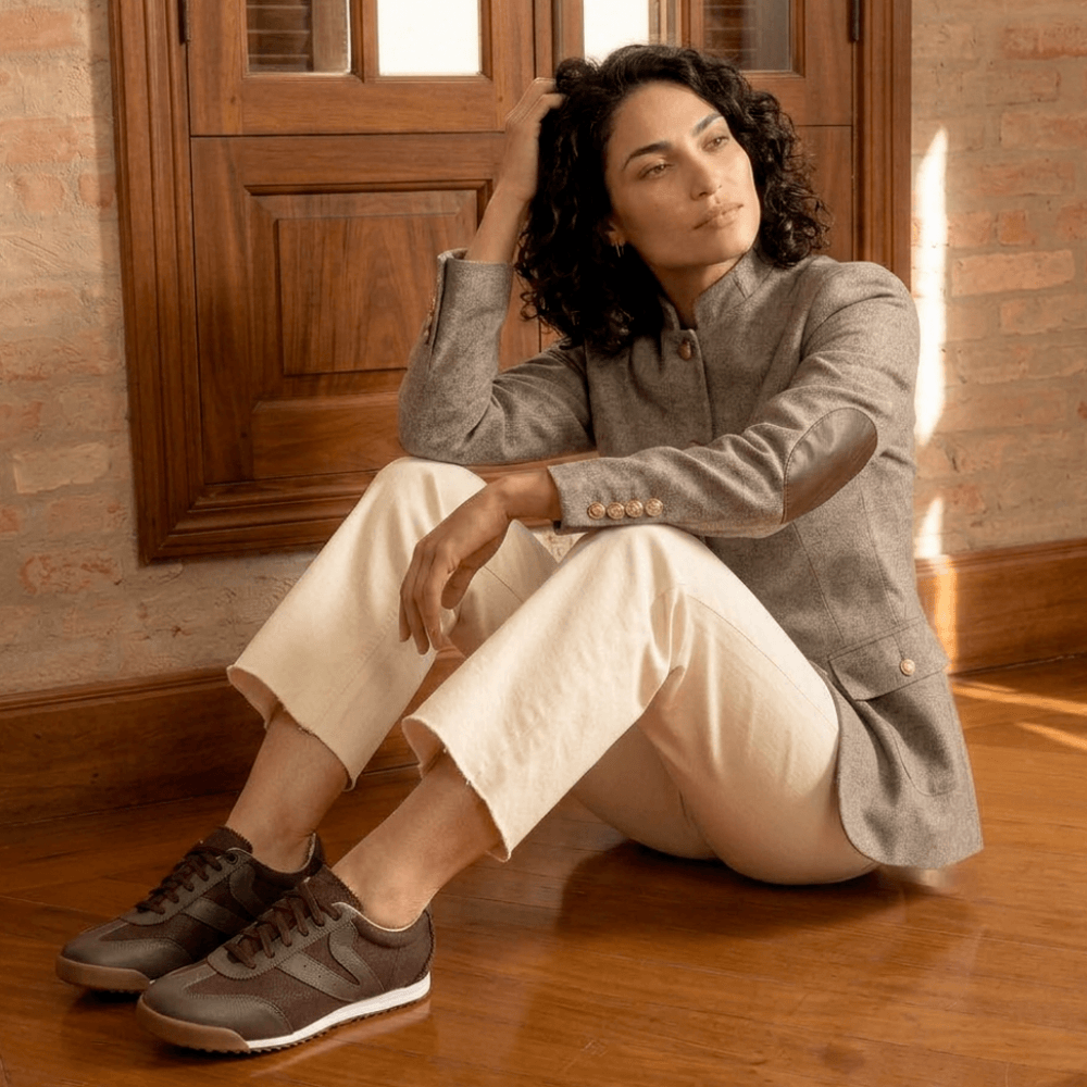 Tênis Feminino Couro Legítimo Naomi Café Casual Vittal Clássico Retrô 