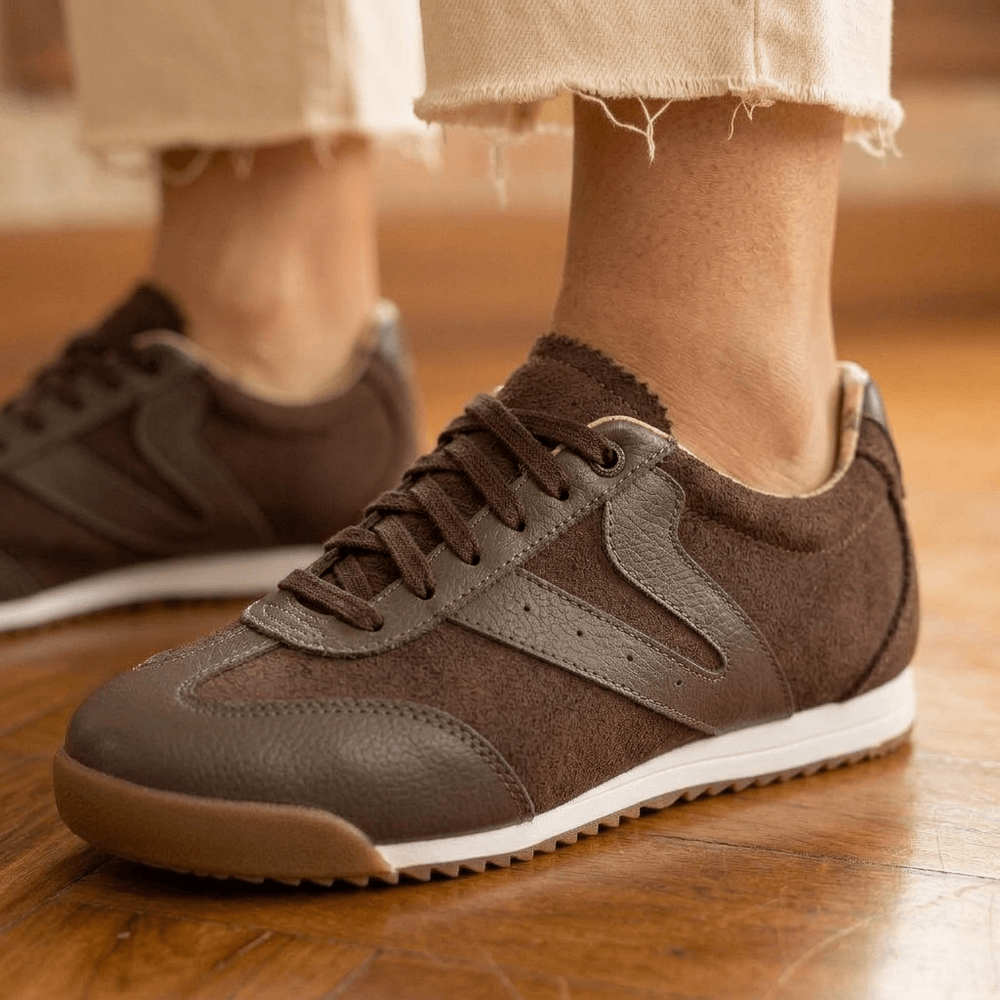 Tênis Feminino Couro Legítimo Naomi Café Casual Vittal Clássico Retrô 