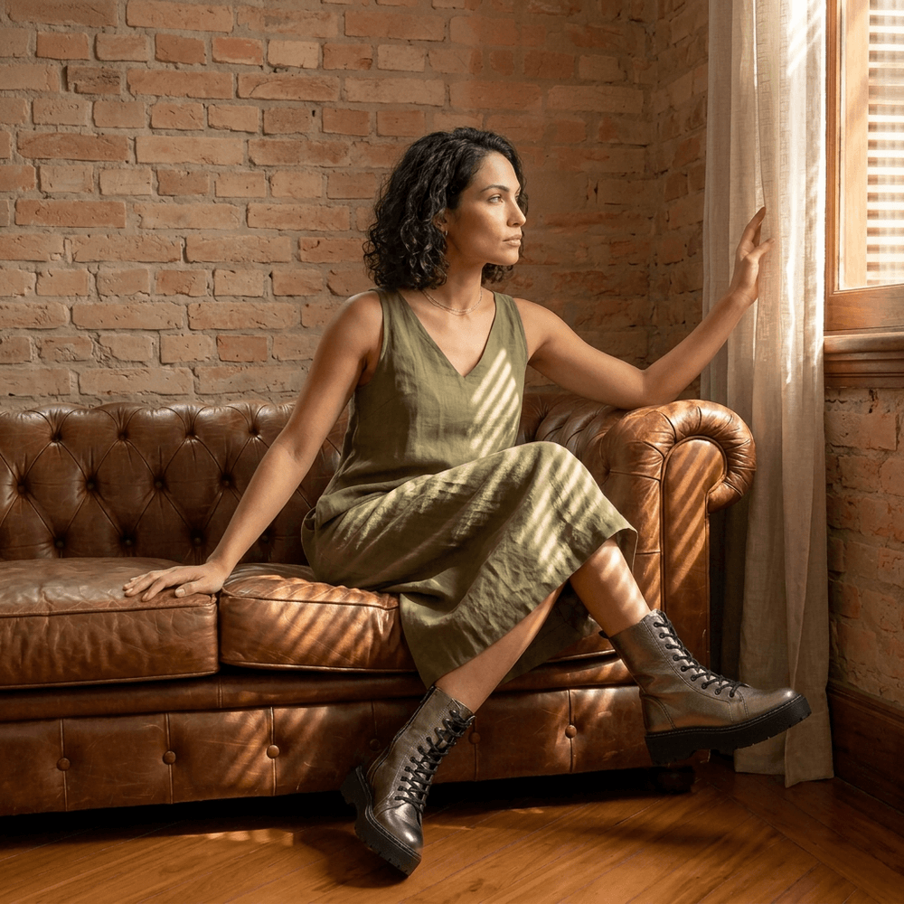 Coturno Feminino Vittal Aurora em Couro Legitimo Cano Alto Ônix