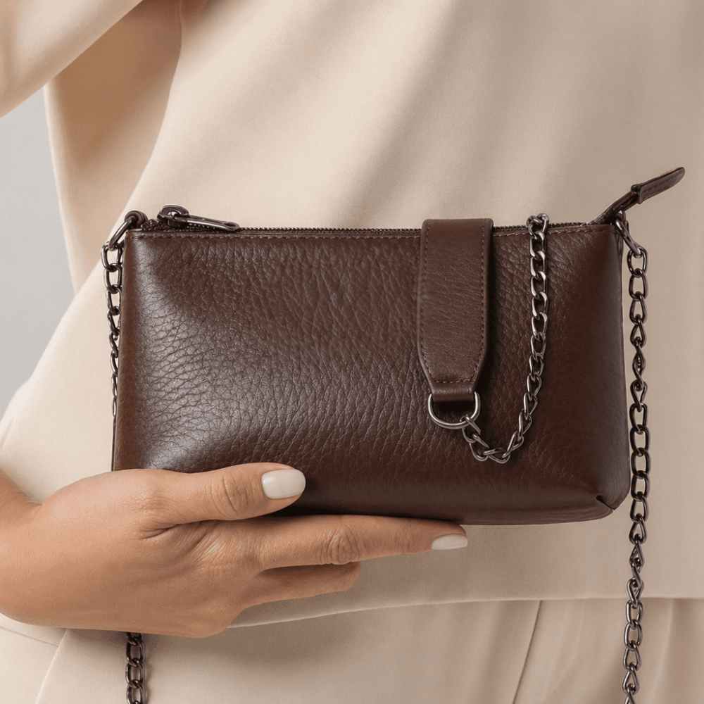 Bolsa Feminina Vittal Clutch Annelise em Couro Legitimo Café Alça Corrente