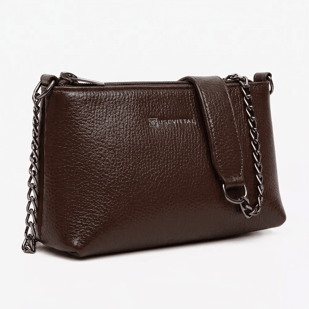 Bolsa Feminina Vittal Clutch Annelise em Couro Legitimo Café Alça Corrente