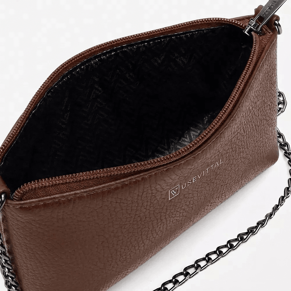 Bolsa Feminina Vittal Clutch Annelise em Couro Legitimo Café Alça Corrente