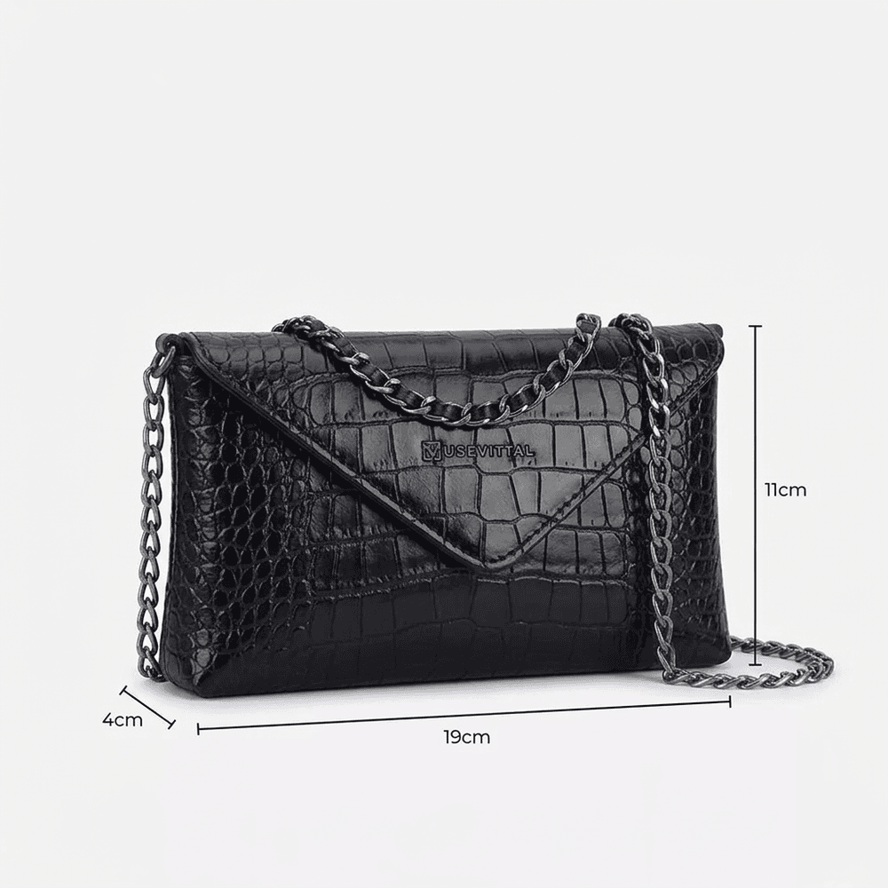 Bolsa Vittal Eloá em Couro Legítimo Croco Preta