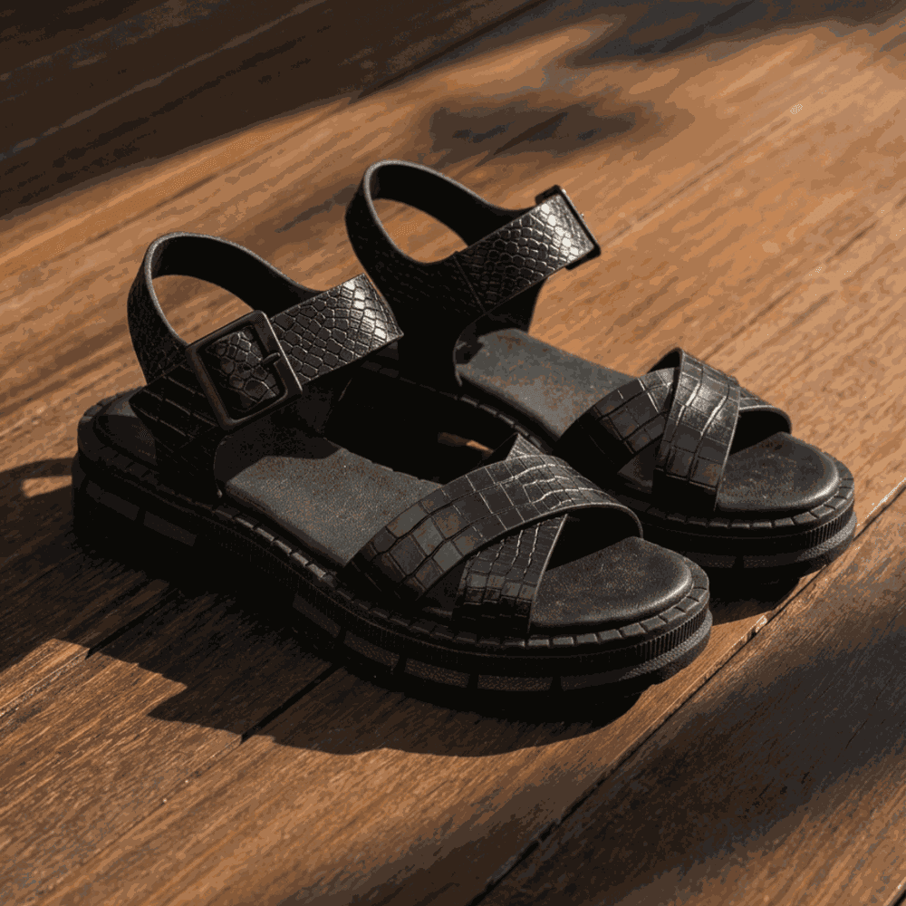 Sandália Feminina Couro Vittal Norah Croco Preta Palmilha Ultra Confort