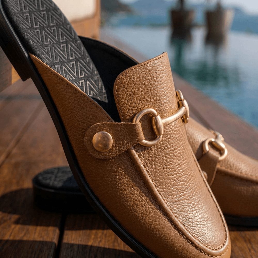 Mule Feminino Vittal Luana em Couro Legítimo Caramelo com 2 Fivelas Removíveis