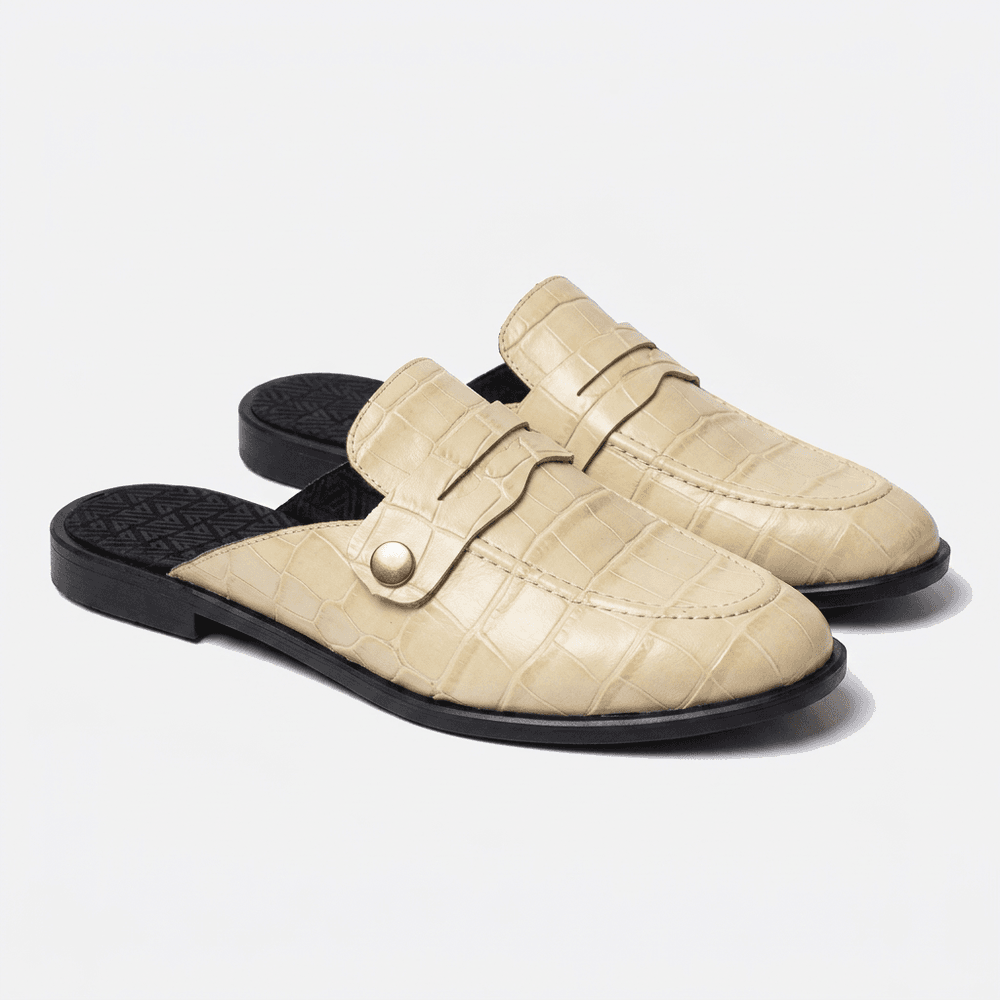 Mule Feminino Vittal Luana em Couro Legítimo OffWhite Croco com 2 Fivelas Removíveis