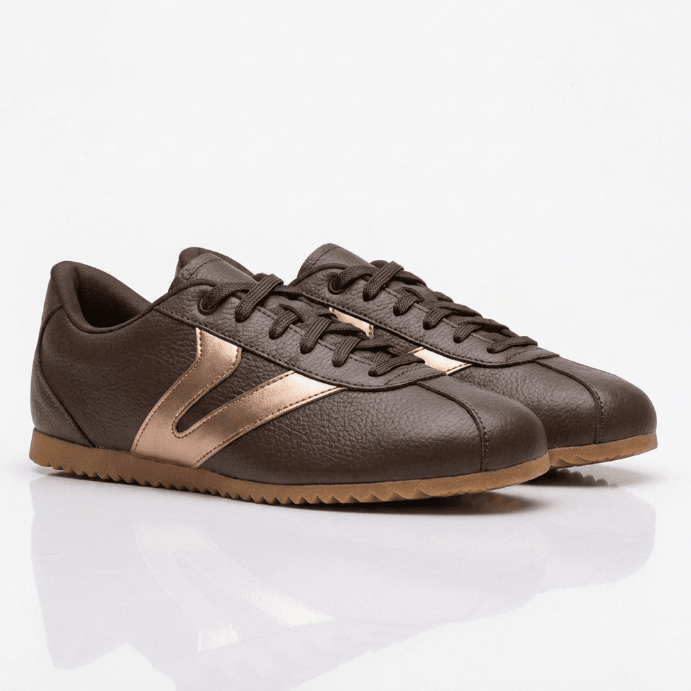 Tênis Feminino Couro Legítimo Naomi Café com Rosê Casual Vittal Clássico Retrô