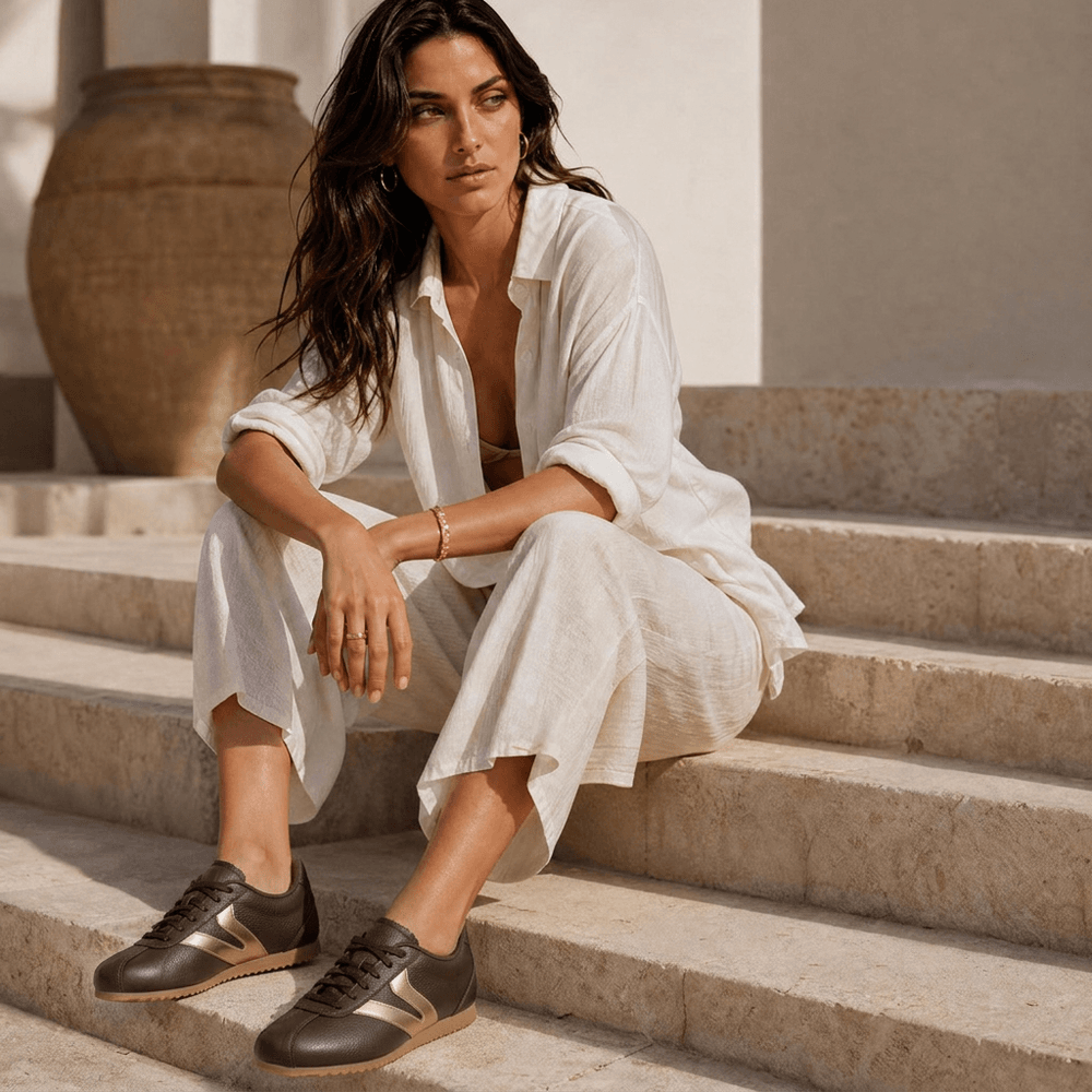 Tênis Feminino Couro Legítimo Naomi Café com Rosê Casual Vittal Clássico Retrô