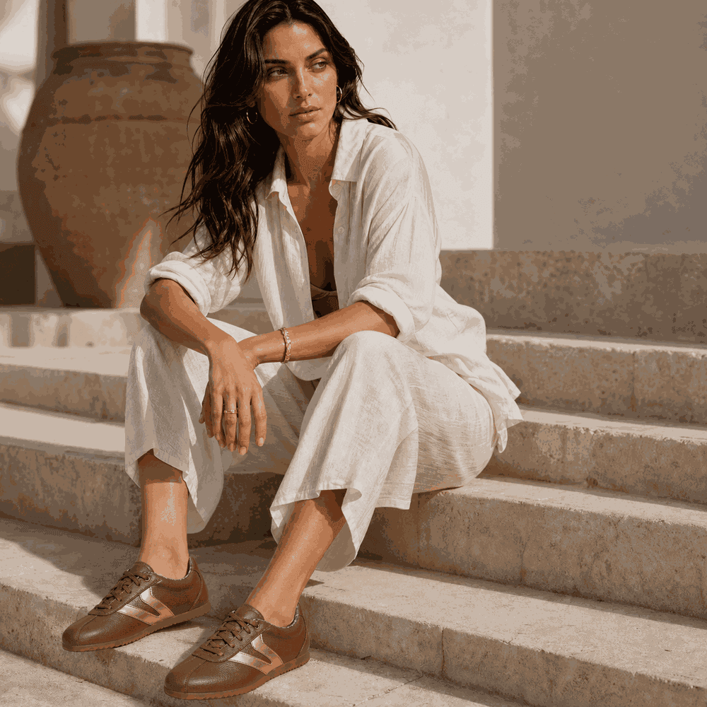 Tênis Feminino Couro Legítimo Naomi Caramelo com Rosê Casual Vittal Clássico Retrô