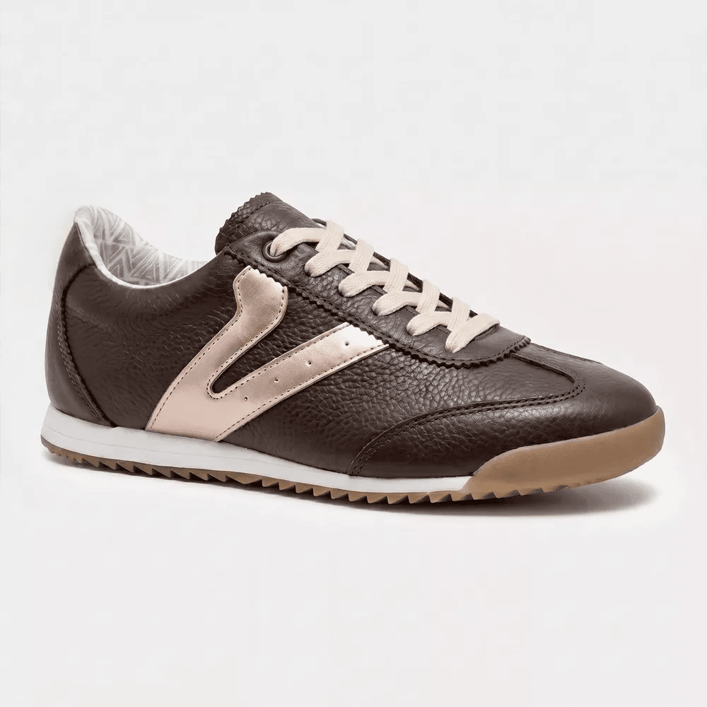 Tênis Feminino Couro Legítimo Naomi Café com Rosê Casual Vittal Clássico Retrô