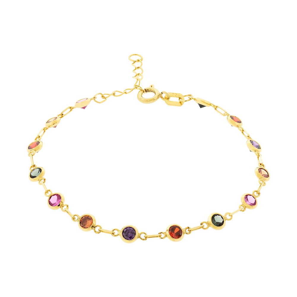 Pulseira Infantil De Ouro 18k Com Pedras De Zircônias Coloridas 