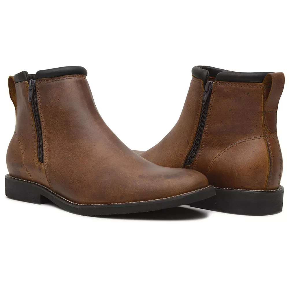 BOTA CHELSEA ANATÔMICA ZIPADA COURO RÚSTICO CARAMELO AMOFADADA +