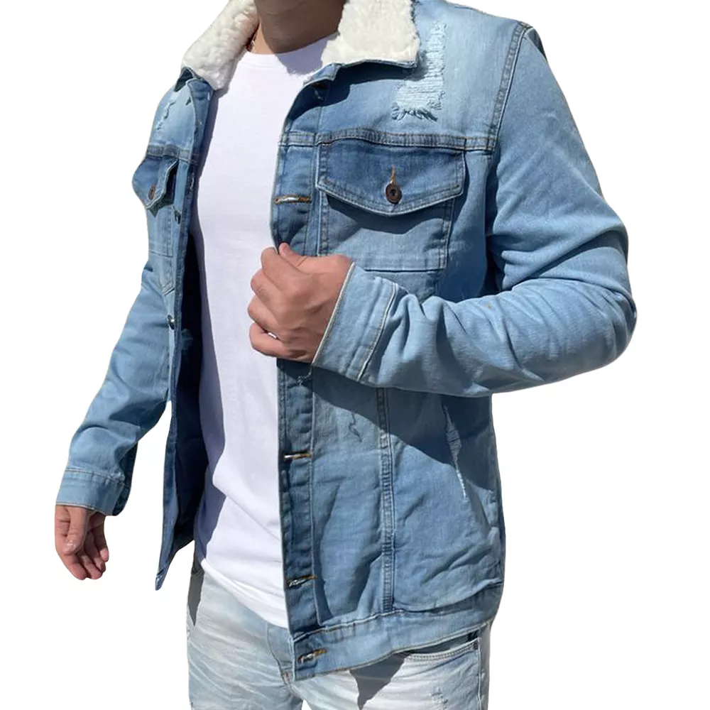 Jaqueta Jeans Clara Masculina Slim Destroyed Pelo Na Gola