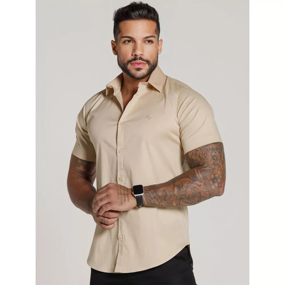 Camisa Social Manga Curta Codi Jeans Toque Acetinado - Bege