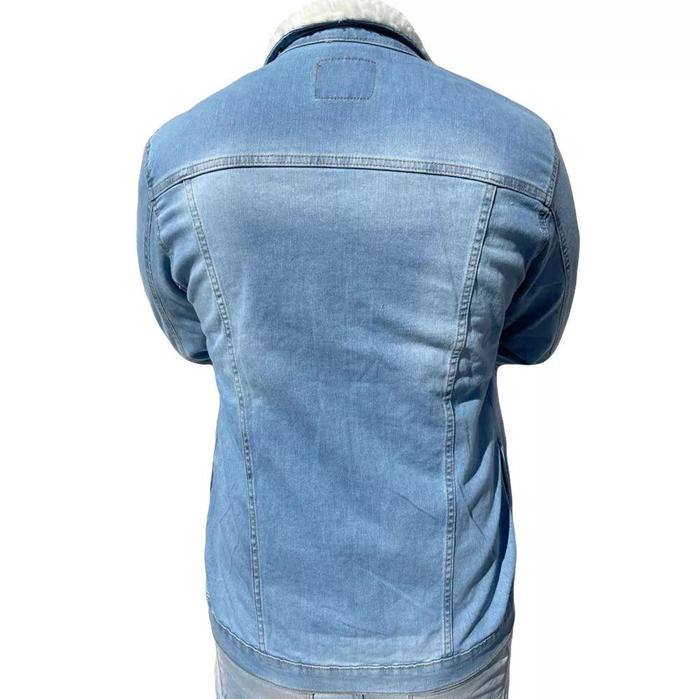 Jaqueta Jeans Clara Masculina Slim Destroyed Pelo Na Gola