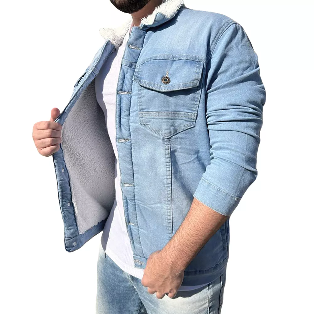 Jaqueta Jeans Clara Forrada Com Pelo Masculina Gola Pelinho