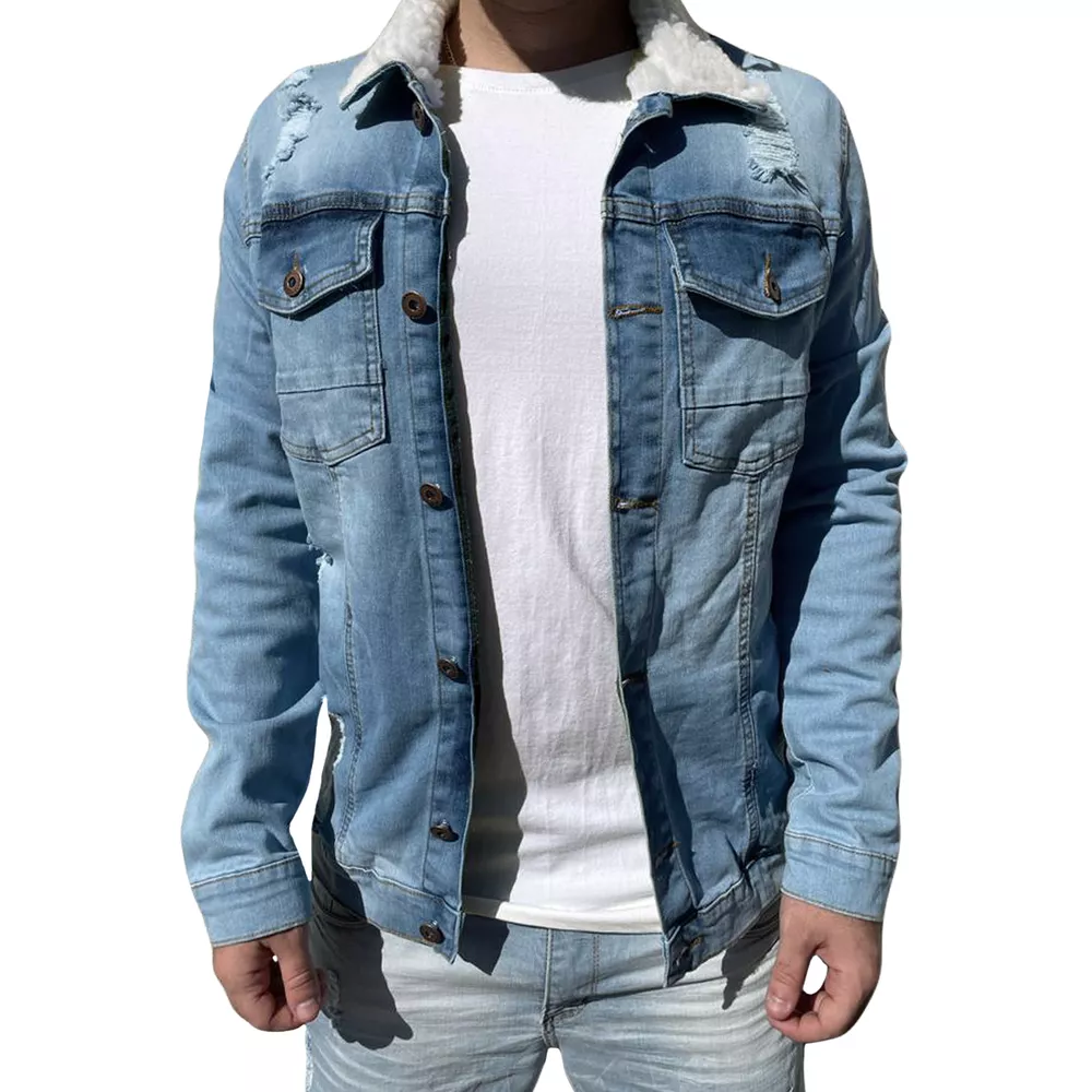 Jaqueta Jeans Clara Masculina Slim Destroyed Pelo Na Gola