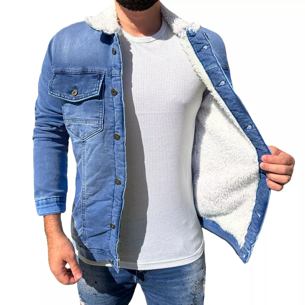 Jaqueta Jeans Slim Fit Forrada Com Pelo Gola Pelinho Premium