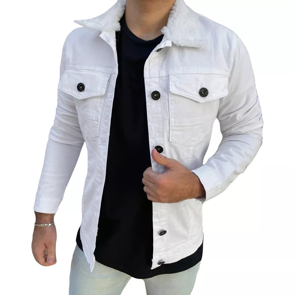 Jaqueta Jeans Slim Branca Com Pelinho Pelo Na Gola Masculina
