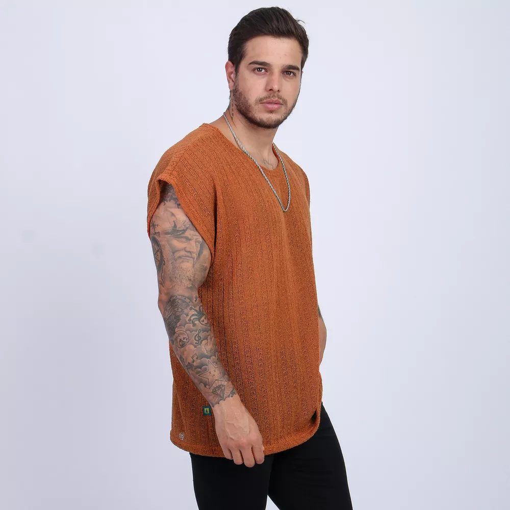 Camiseta Regata Transparente Masculina Over Size Crochê Lã