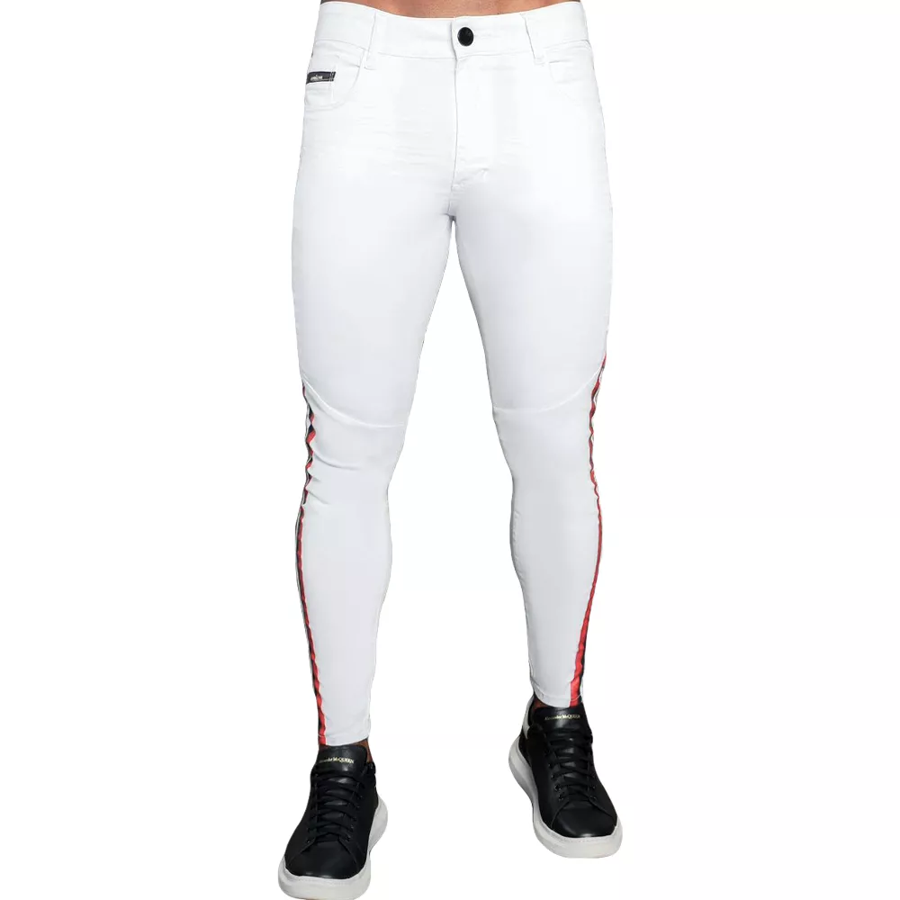Calça Branca Super Skinny Streetwear Faixa Lateral Masculina