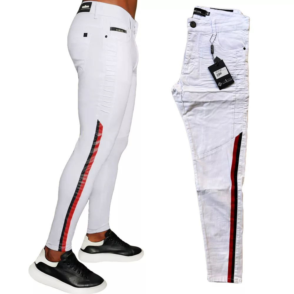 Calça Branca Super Skinny Streetwear Faixa Lateral Masculina