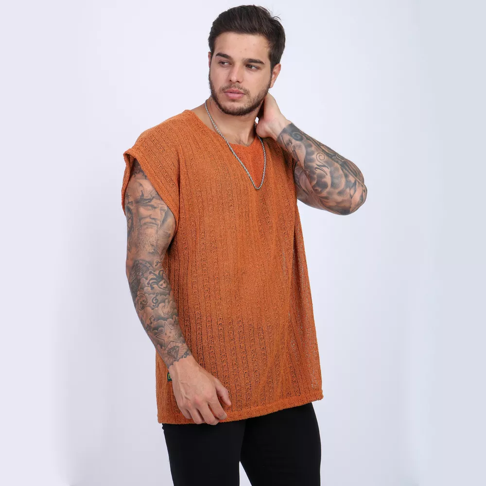 Camiseta Regata Transparente Masculina Over Size Crochê Lã
