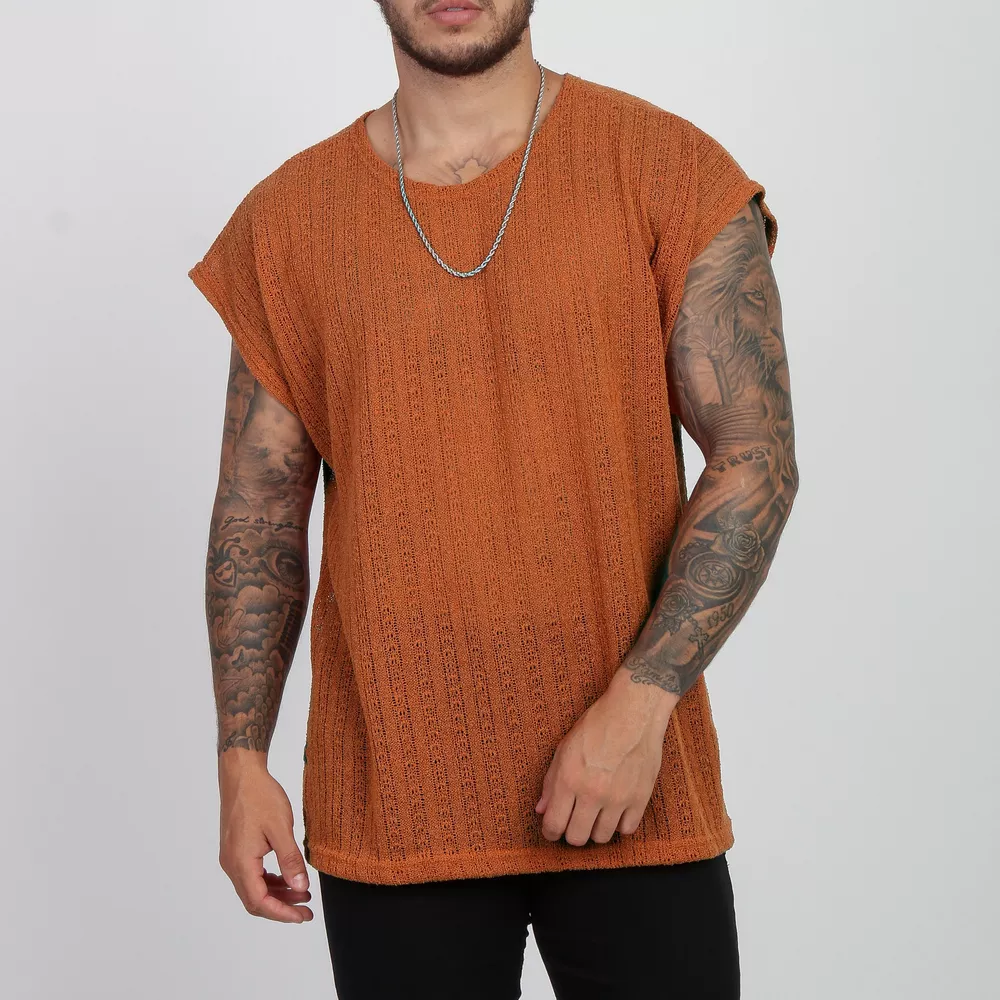 Camiseta Regata Transparente Masculina Over Size Crochê Lã