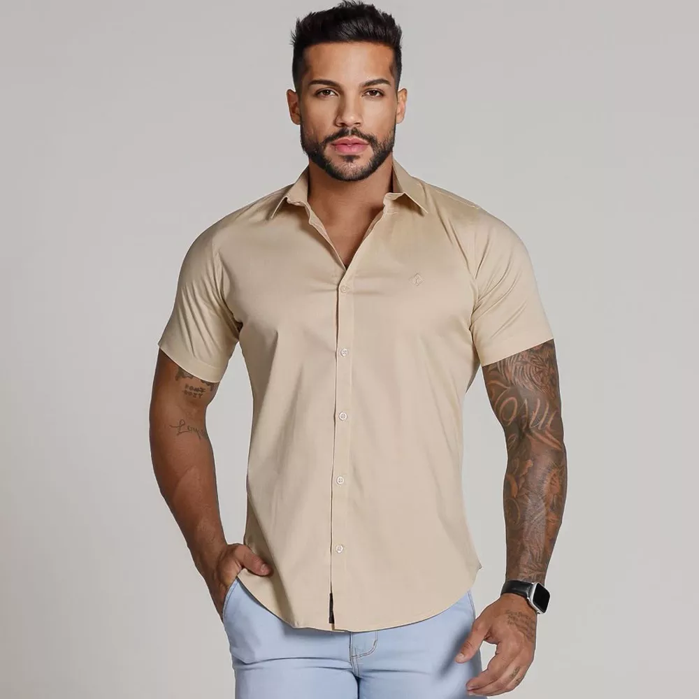 Camisa Social Manga Curta Codi Jeans Toque Acetinado - Bege