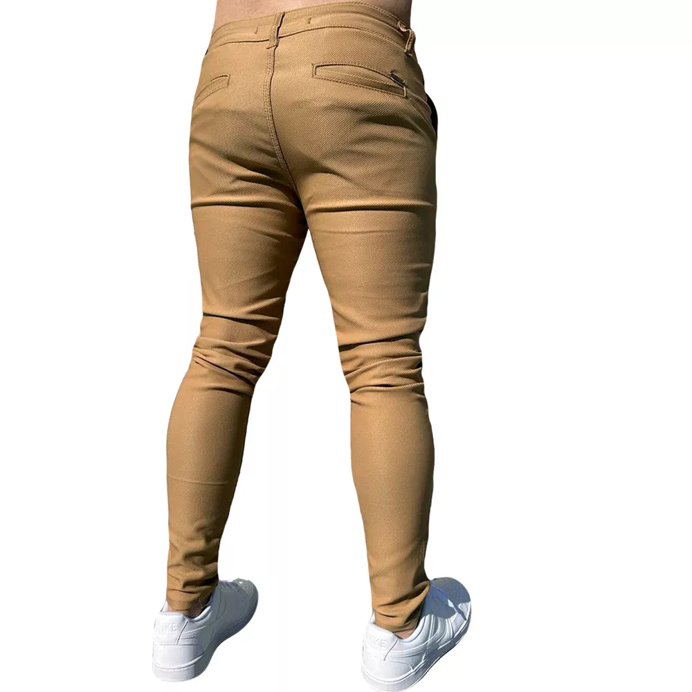 Calça Alfaiataria Twill Cáqui Masculina Skinny Social Com Textura