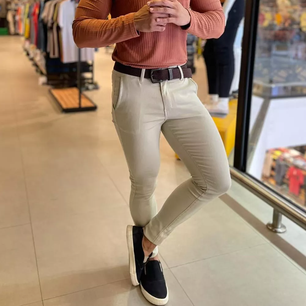 Calça Alfaiataria Bege Skinny Social Chino Premium Masculina