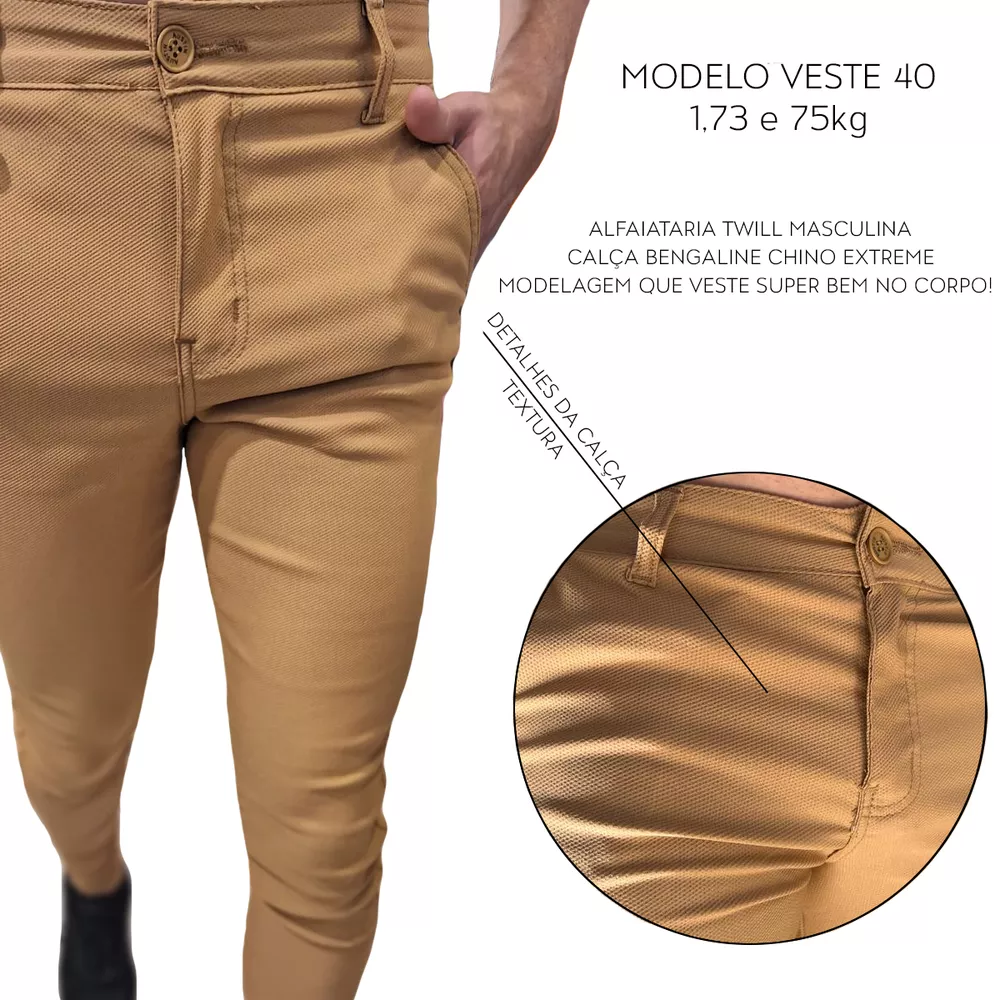 Calça Alfaiataria Twill Cáqui Masculina Skinny Social Com Textura