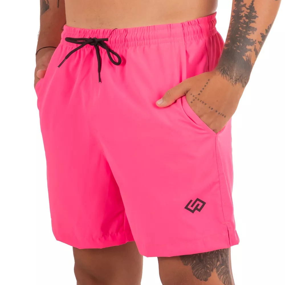 Short Praia Elastano Rosa Pink Neon Liso Masculino Premium