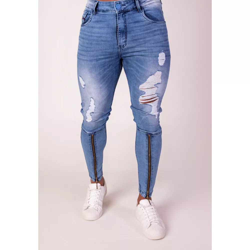 Calça Skinny Jeans Destroyed Masculina Zíper Canela Premium