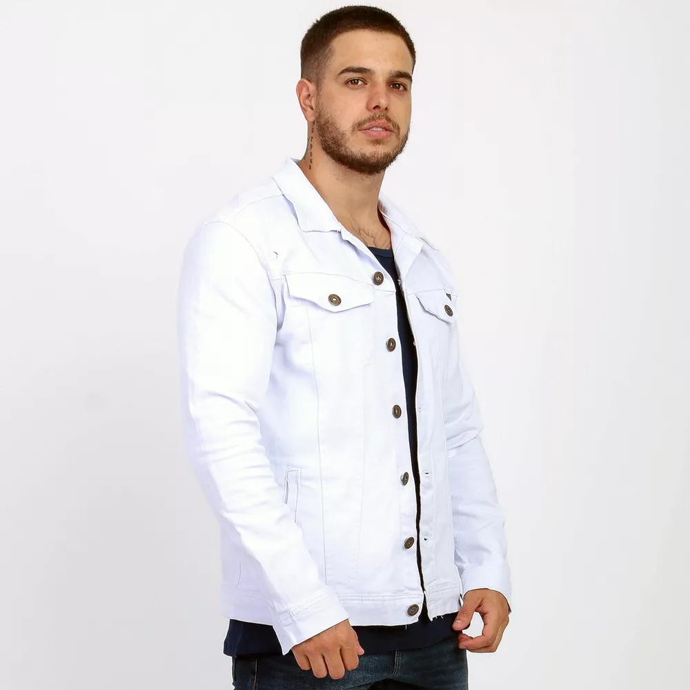 Jaqueta Masculina Sarja Branca Destroyed Jeans Slim Premium