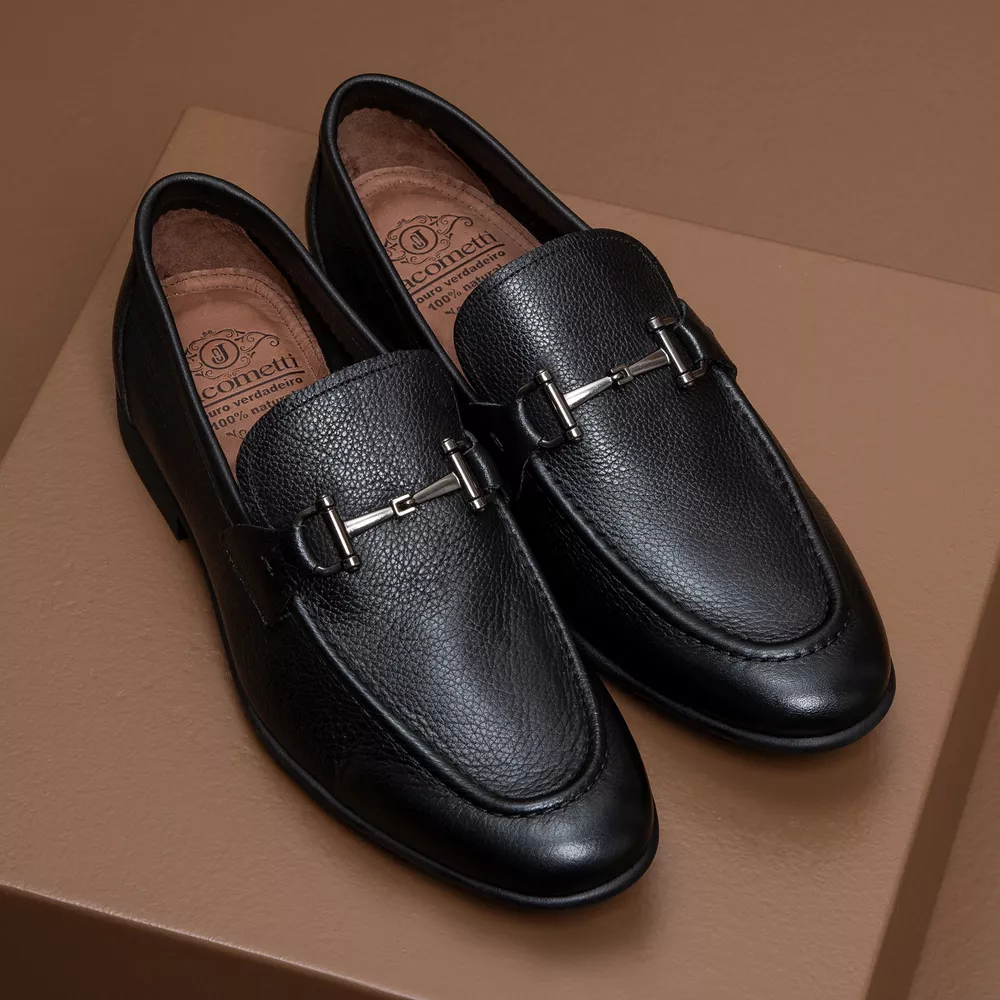 Mocassim Masculino Mantova de Couro Preto Solado de Borracha
